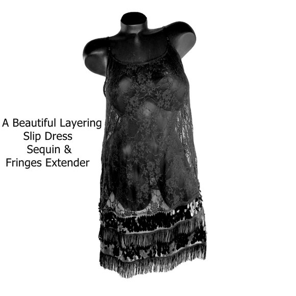 Black Lace Tank Dress with Sequin & Fringes Extender. - Picture 4 of 4